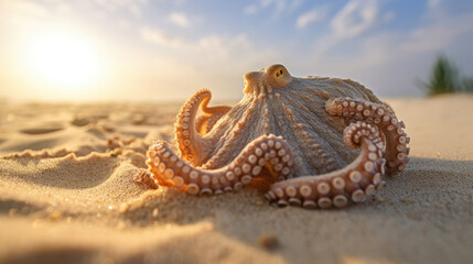 Close-up photo of an octopus on a sandy beach bathed in the soft morning sunlight