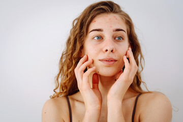 Close-up of a smiling woman with acne and rashes on her face. Medicine and cosmetology. Copy space.