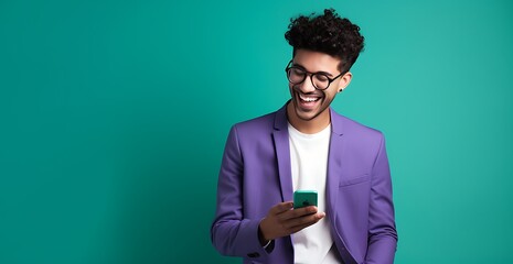 Excited african american man in violet jacket and eyeglasses using smartphone