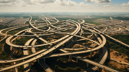 A bird's-eye view reveals a sprawling freeway system with cars and trucks in motion..