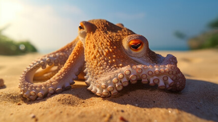Fototapeta na wymiar Close-up photo of an octopus on a sandy beach bathed in the soft morning sunlight