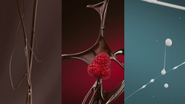Chocolate raspberry and milk split screen splashing and falling in slow motion