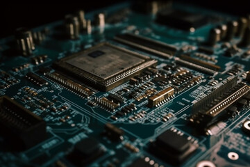 Fototapeta premium Explore the intricate details of a computer motherboard, emphasizing the advanced technology embedded in its microchip. Ai generated