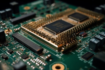 Explore the intricate details of a computer motherboard, emphasizing the advanced technology embedded in its microchip. Ai generated