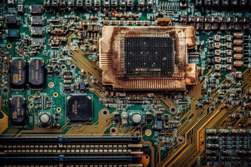 Fototapeta premium Explore the intricate details of a computer motherboard, emphasizing the advanced technology embedded in its microchip. Ai generated