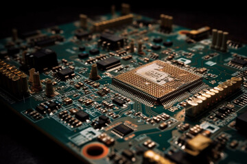 Explore the intricate details of a computer motherboard, emphasizing the advanced technology embedded in its microchip. Ai generated