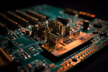 Explore the intricate details of a computer motherboard, emphasizing the advanced technology embedded in its microchip. Ai generated