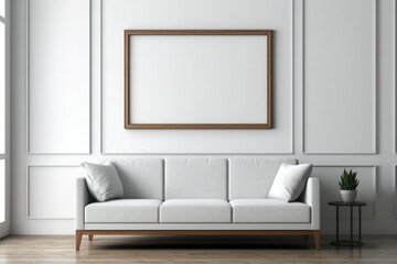 Empty wooden picture frame on white wall above sofa. Minimalist interior. Banner horizontal. Generative AI