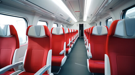 Fototapeta premium Red interior of a European economy class fast train, devoid of travelers..