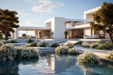 Fototapeta premium Minimalist cubic house exterior with swimming pool, modern country house, seaside holiday in modern villa