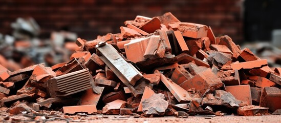 Demolishing a building and clearing away debris including red bricks and metal waste in a nearby container