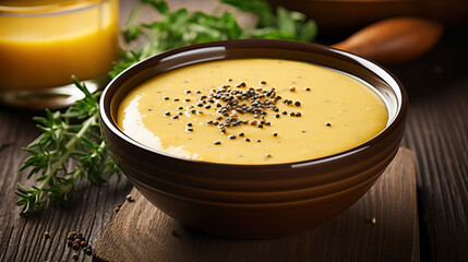 Mustard sauce in bowl with thyme and mustard seeds on wooden background