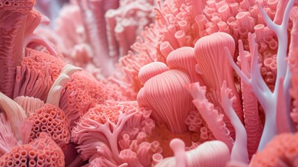 macro photo of a whimsical coral reef, a bright vibrant pink underwater world with magical living creatures