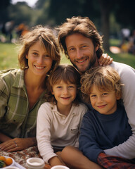 Obraz premium Young happy family with children on picnic vacation, joyful childhood with parents, weekend in nature