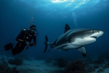 Fototapeta na wymiar Dive into the awe inspiring underwater world with an impressive photo capturing a scuba diver alongside a massive shark, showcasing the beauty and thrill of marine life. Ai generated