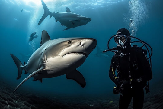 Dive into the awe inspiring underwater world with an impressive photo capturing a scuba diver alongside a massive shark, showcasing the beauty and thrill of marine life. Ai generated