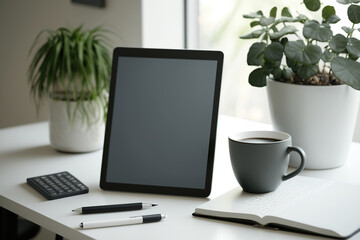 A close-up of a digital tablet with a blank screen is shown with books, office supplies, and a...