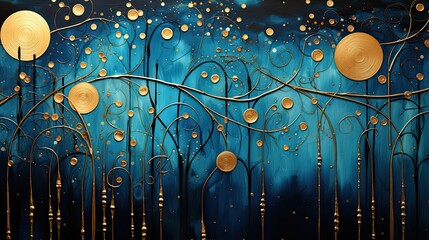 AI-generated illustration of embellished golden vines in a deep blue night. MidJourney.