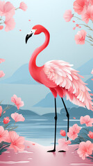 Pink flamingo on the background of nature with exotic beautiful flowers, illustration