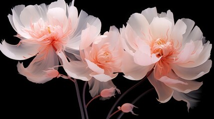 an x-ray art image of transparent peonies on black background. Beautiful blooming...