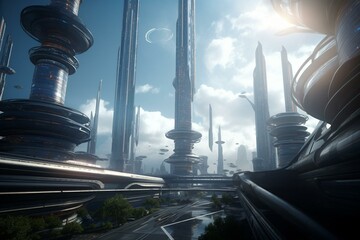 Futuristic city with tall skyscrapers and a hypercar racing through a space elevator. Generative AI