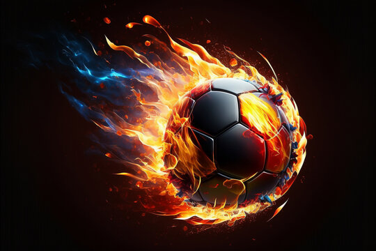 Ignite your passion for football with a dynamic representation featuring a blazing ball on fire capturing the intensity and excitement of the beautiful game. Ai generated