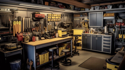 A garage with a classic car