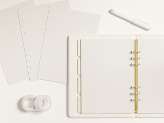 Ring bound A5 leather planner mock up with blank planner inserts, white stationery and washi tape. Top view flat lay as a realistic 3d rendering.