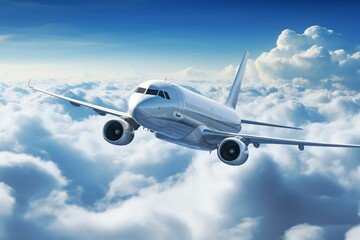 Passenger jet flying through clouds, representing travel and aviation industry. Generative AI