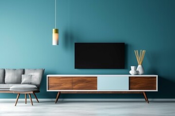 Contemporary TV cabinet on blue wall. Generative AI