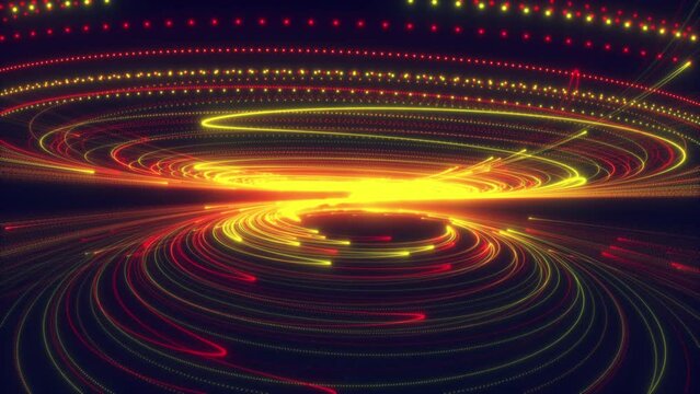 Abstract futuristic animation. Two fused multi-colored disks formed by tracks of particles flying apart with a swirl.