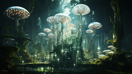 A fantastical blend of exuberant greenery and futuristic holographs creates an alien-like ambiance.