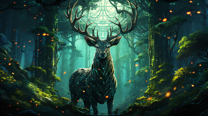 Fototapeta na wymiar An unreal amalgamation of natural and cutting-edge elements, including verdant woods and holographic creatures, forming a dreamlike milieu.