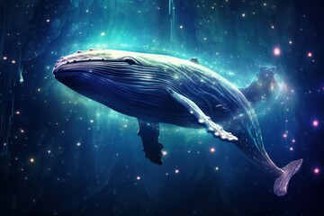Fototapeta premium Silent Big whale floating in stars. Poster animal. Generate Ai