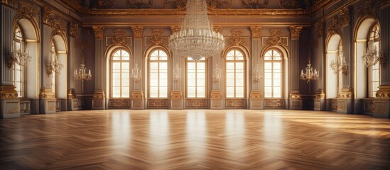 Empty palace interior with wooden flooring and chandelier With copyspace for text - obrazy, fototapety, plakaty