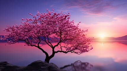 Fototapeta na wymiar a tree with pink flowers in front of a lake at sunset. generative ai