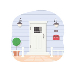 Exterior concept for house entrances. Cute white vintage front door with glass. Cartoon flat style. Vector illustration