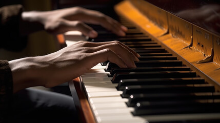 Close-up of a person's male hands expertly playing the piano keys