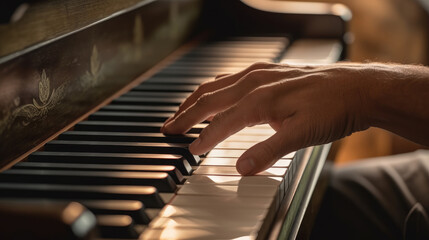 Close-up of a person's male hands expertly playing the piano keys