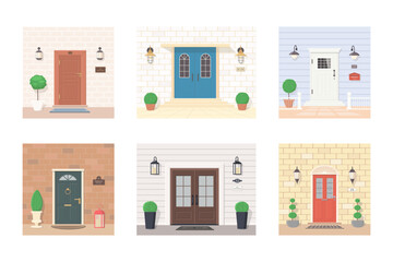 Set of front doors with lanterns, plants, signs. Exterior concept for house entrances. Vector illustration. Cartoon flat style