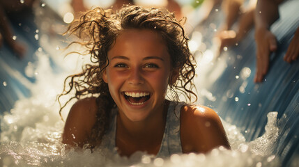 Happy young girl in a water park on rides - obrazy, fototapety, plakaty