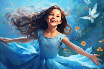 Obraz na płótnie Canvas Cute little princess in blue dress with Flowers and butterflies