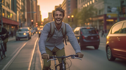 Fototapeta na wymiar A young man is joyfully riding his bicycle along a city street