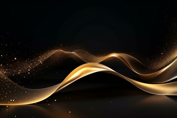 Golden abstract shiny curved design with glitter effect on dark background. Generative AI