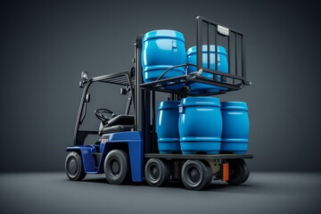 3D rendering of a lifter truck lifting blue barrels in isolation on a gray background. Generative AI