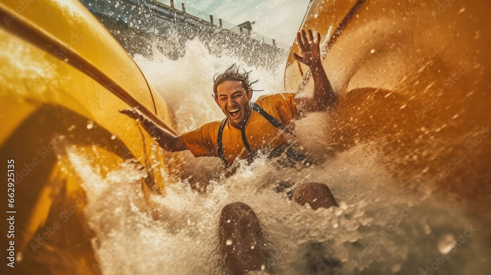 Wall mural A happy person riding on the water slide in the waterpark