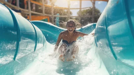 Foto op Plexiglas A happy person riding on the water slide in the waterpark © didiksaputra