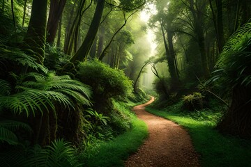 Hidden jungle path leading through thick foliage - AI Generative