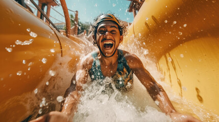 A happy person riding on the water slide in the waterpark