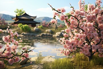 Obraz premium Tranquil East Asian scenery featuring flowering peach tree. Generative AI